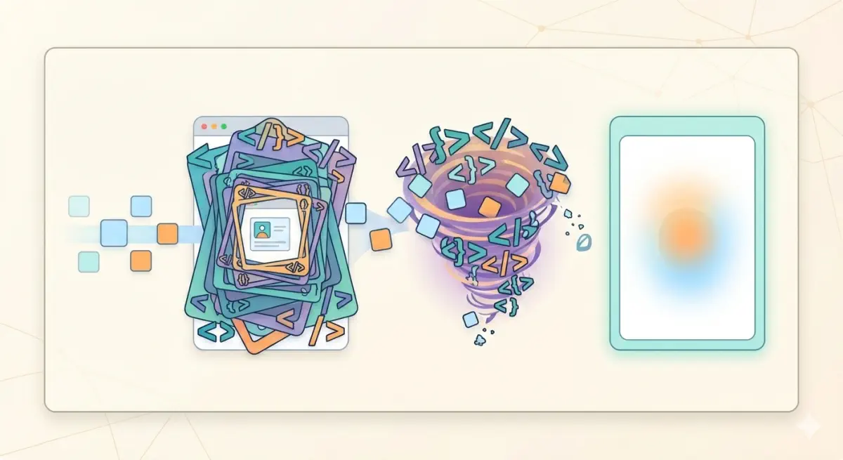 A webpage with heavy HTML wrappers shrinking the space available for AI context