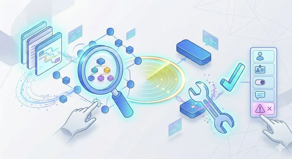 Six-point agent-ready checklist: accessible names, native elements, state, dialogs, form errors, name coverage