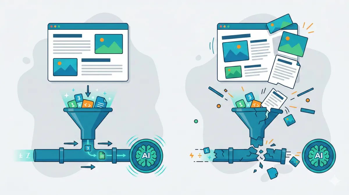 Illustration of a webpage shifting during load and breaking an AI extraction pipeline
