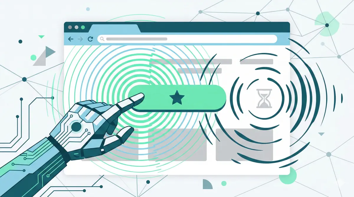 AI browser agent clicking a website UI with a delayed response indicator