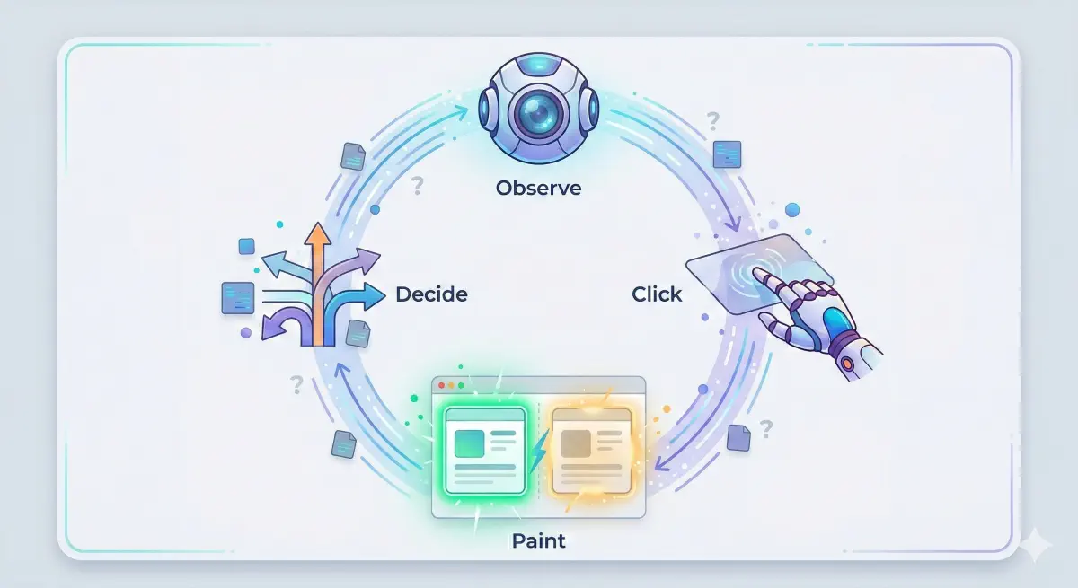 Five failure patterns: double-click, stuck modal, wrong state, scroll loop, and form friction