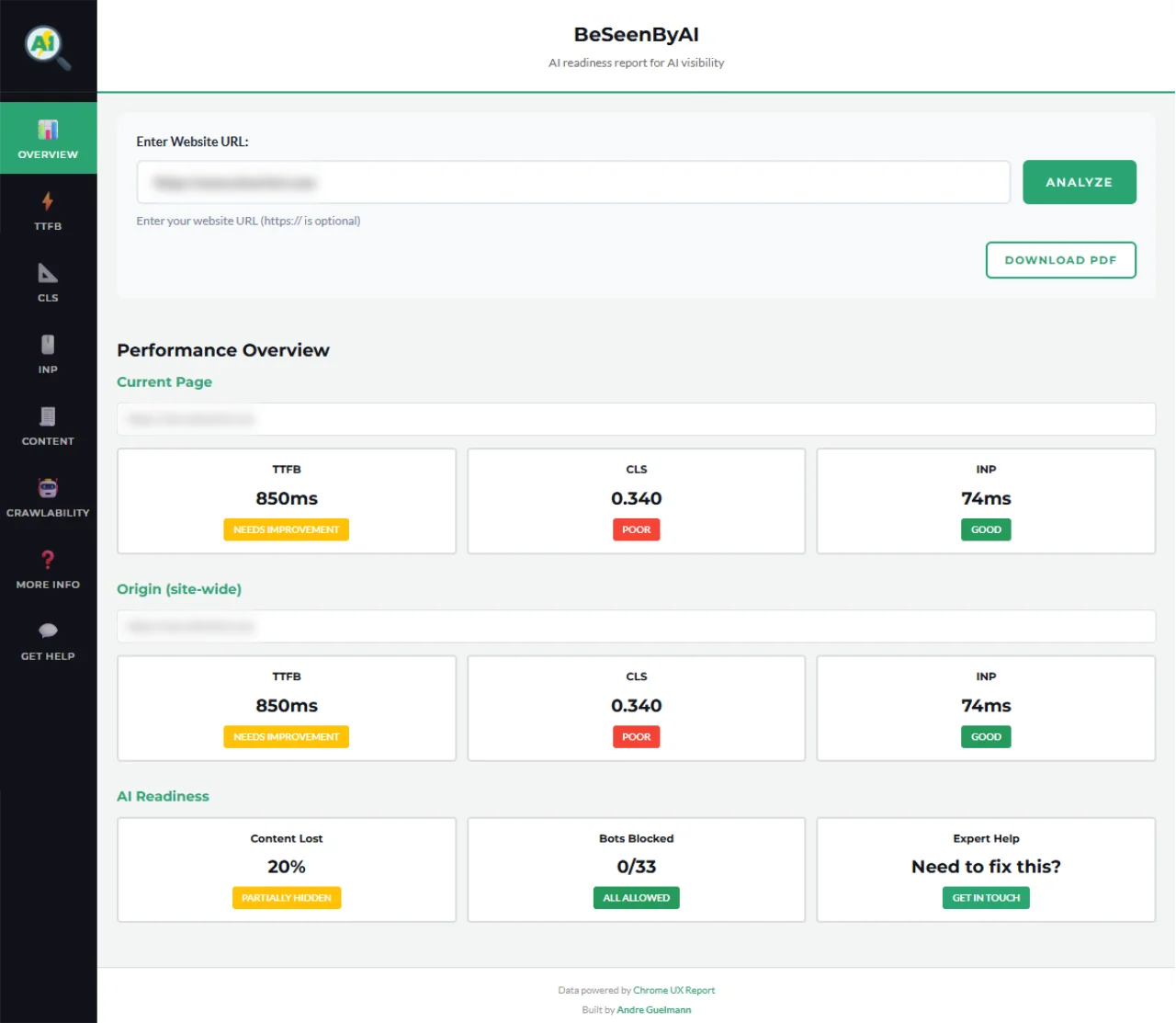 Overview tab showing overall score and section statuses for performance, crawlability, and content visibility
