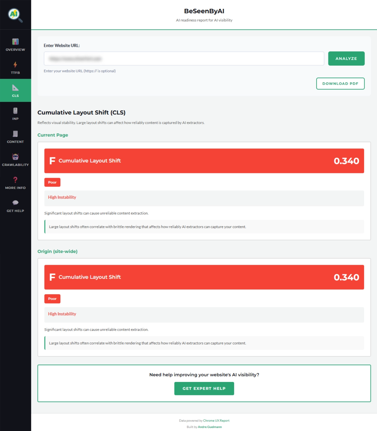 Performance tab showing CLS status and value