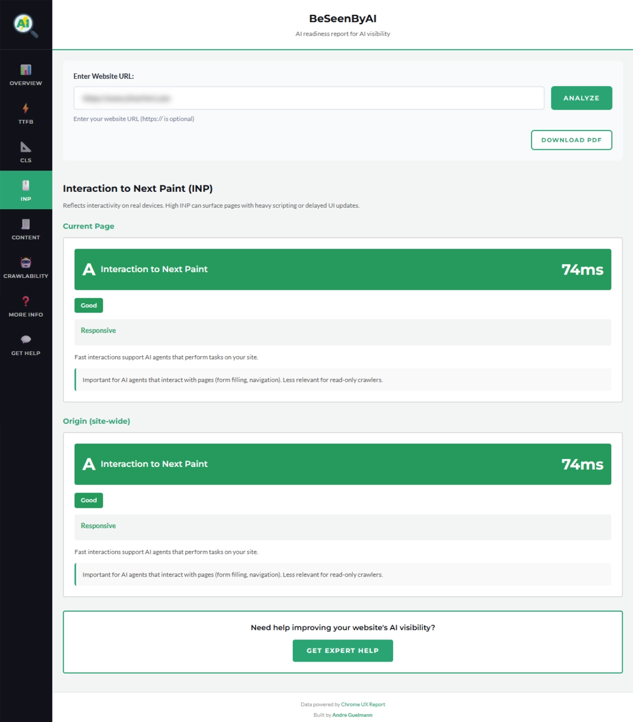 Performance tab showing INP status and value