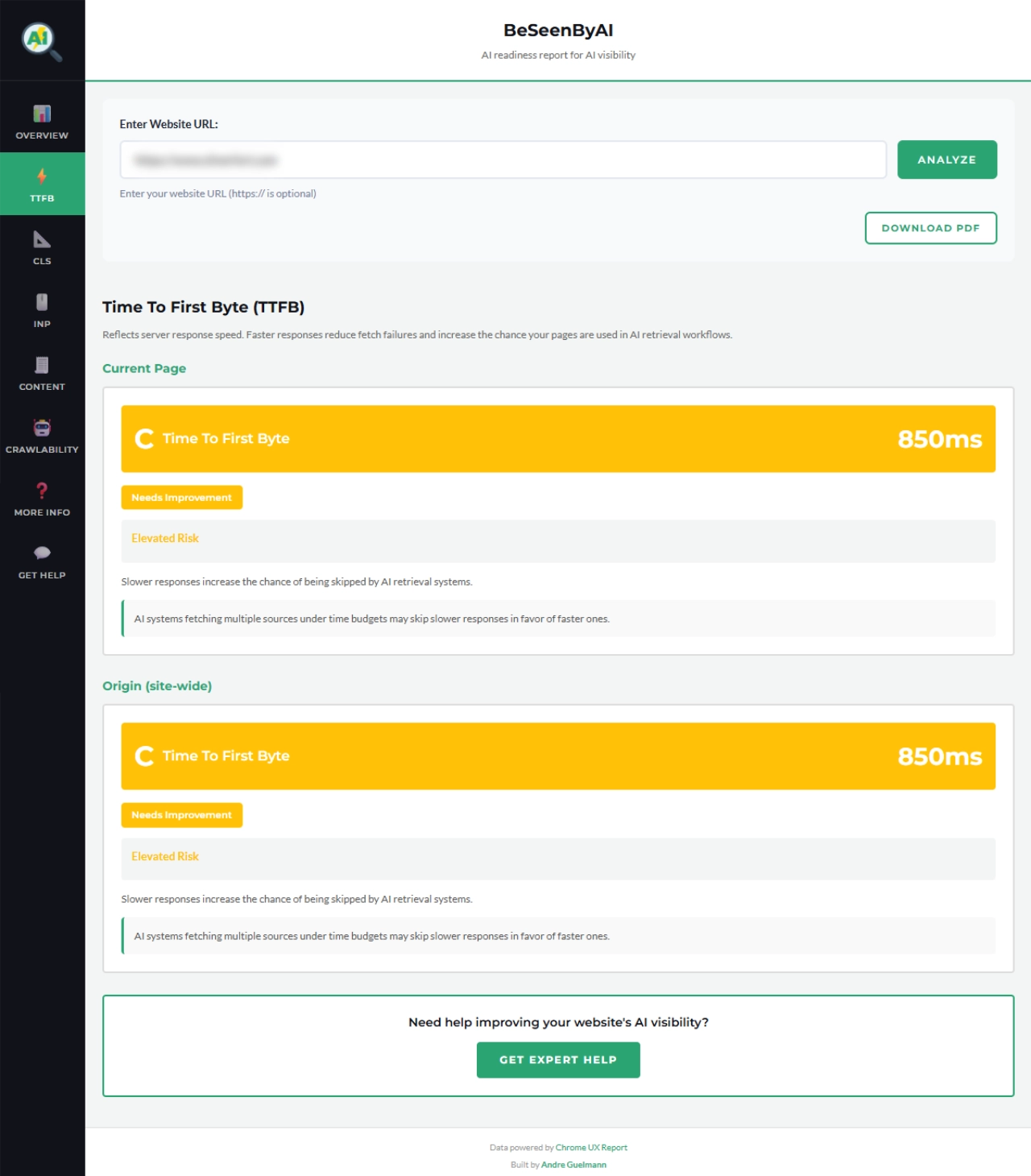 Performance tab showing TTFB values for page and origin with status labels