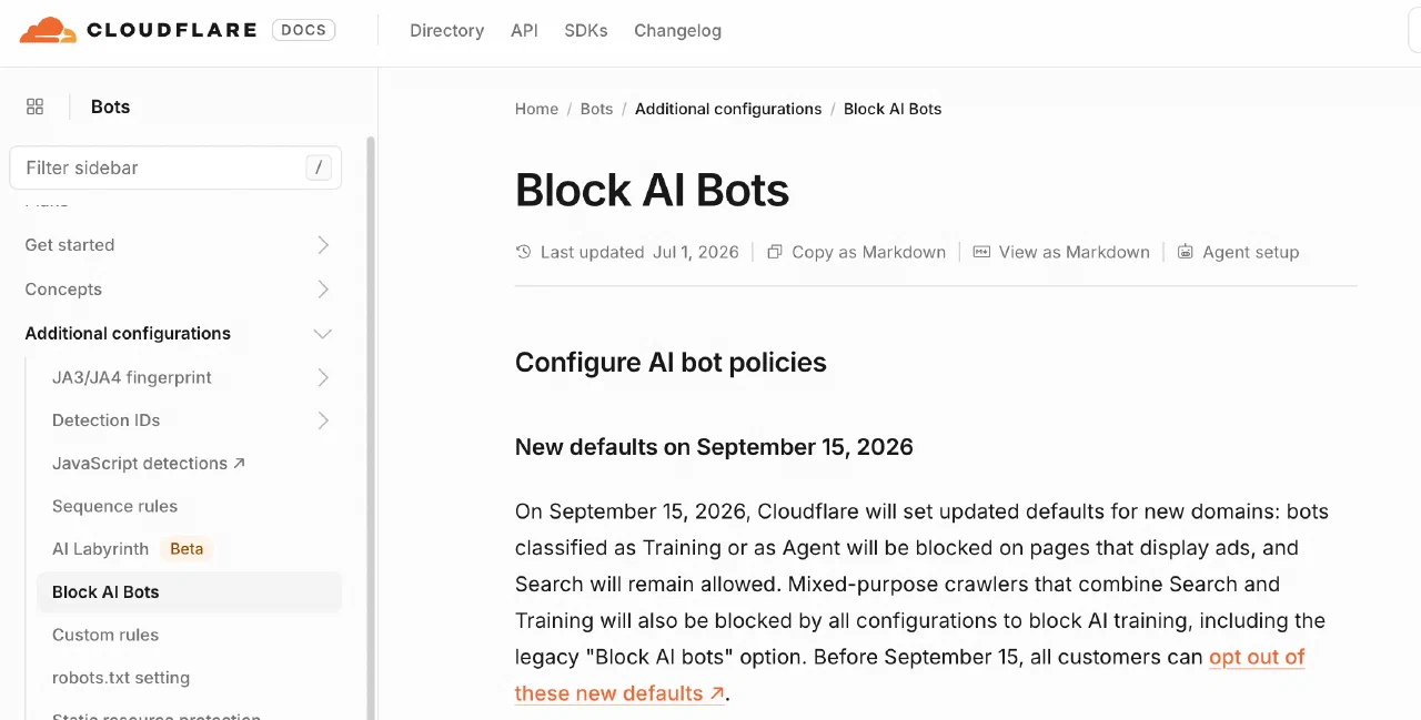 Cloudflare Docs page titled “Block AI Bots”, showing a “Configure AI bot policies” section and a heading “New defaults on September 15, 2026”. The text explains that on September 15 2026 Cloudflare will set updated defaults for new domains — bots classified as Training or Agent will be blocked on pages that display ads, and Search will remain allowed; mixed-purpose crawlers combining Search and Training will also be blocked by any configuration that blocks AI training, including the legacy “Block AI bots” option; and that customers can opt out before September 15.
