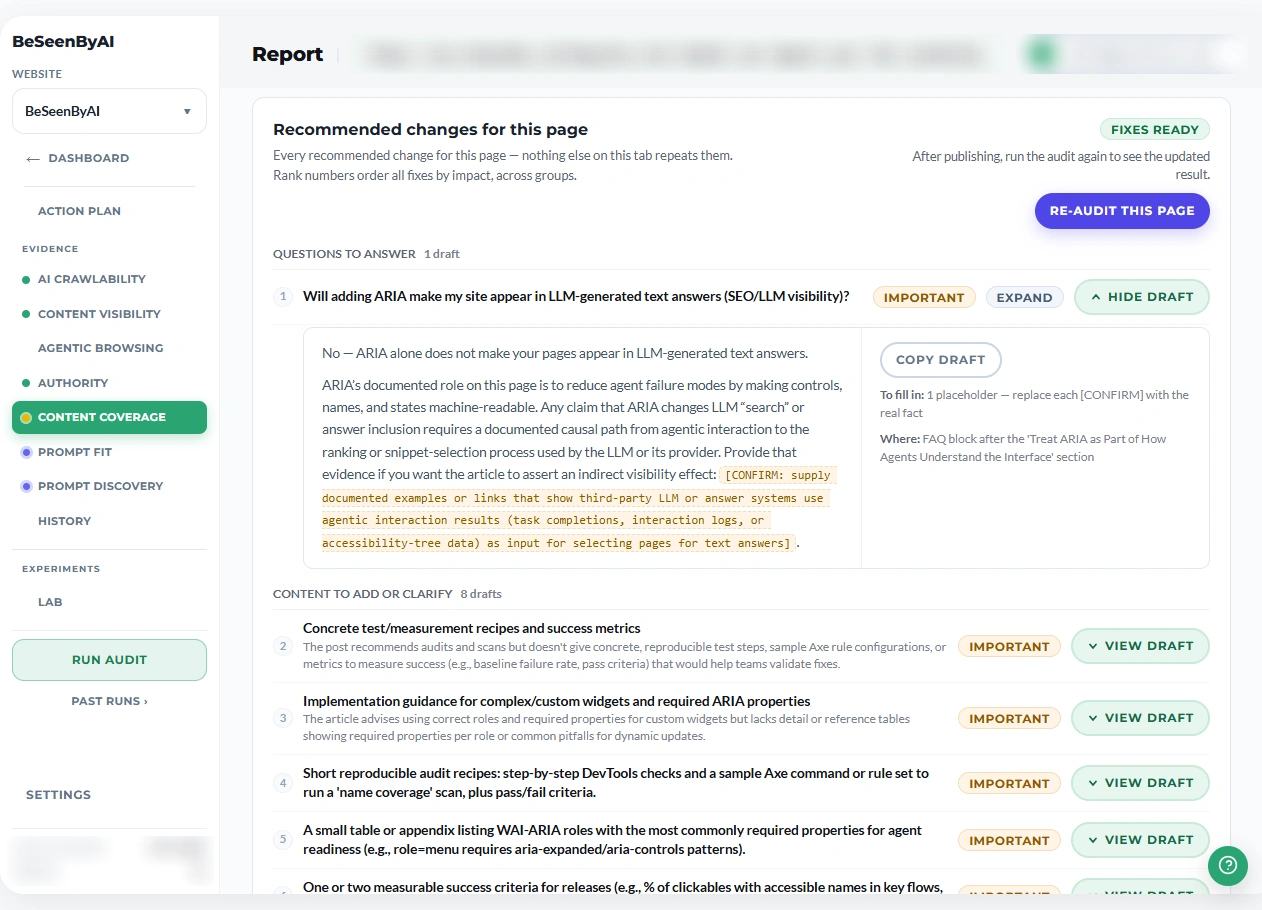 The Content Coverage tab showing recommended changes for the page, with the first question expanded to reveal its drafted answer, a CONFIRM placeholder highlighted in the text, a note that one placeholder needs replacing with the real fact, where on the page the draft belongs, and eight further drafts listed below