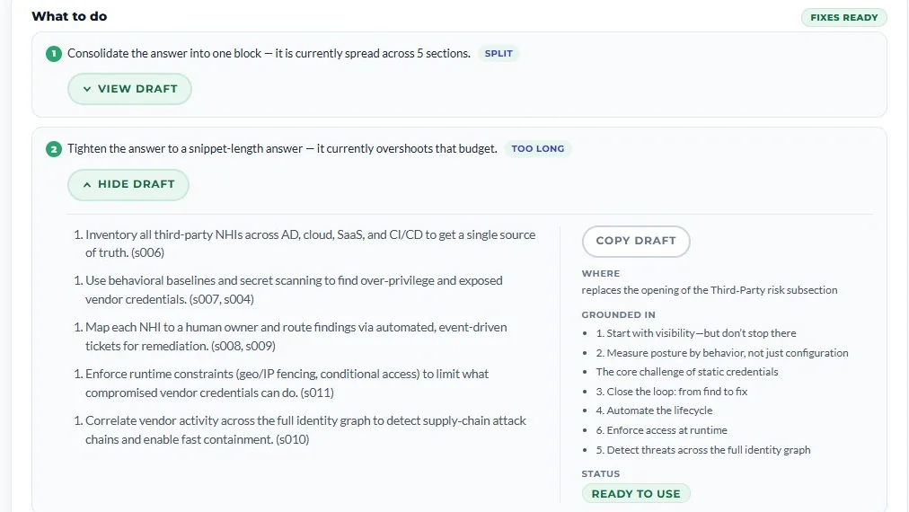 A Prompt Fit fix expanded — the drafted replacement text on the left, and on the right where it goes on the page, the sections it’s grounded in, and a “Ready to use” status