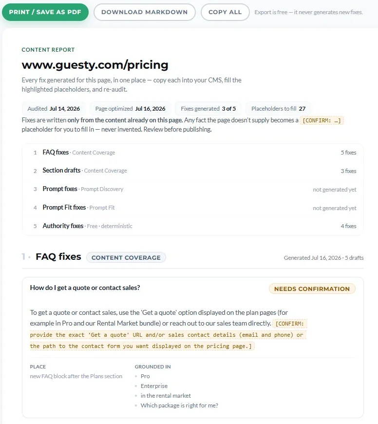 The Content Report export — every generated fix for a page collected into one document, grouped by type, with Print / Save as PDF, Download Markdown, and Copy all options