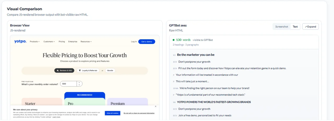 Side-by-side visual comparison of the browser-rendered pricing page versus the 130 words GPTBot sees in raw HTML