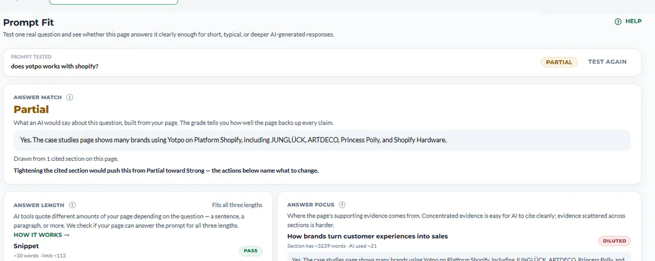 Prompt Fit tab showing a tested prompt with a Partial answer match, the answer an AI would build from the page, and checks for answer length and evidence focus