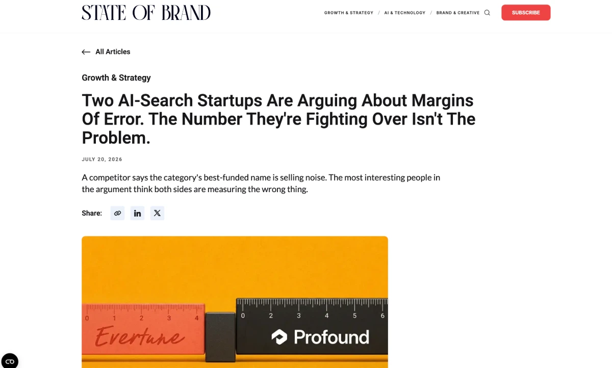 The State of Brand article headline: two AI-search startups arguing about margins of error