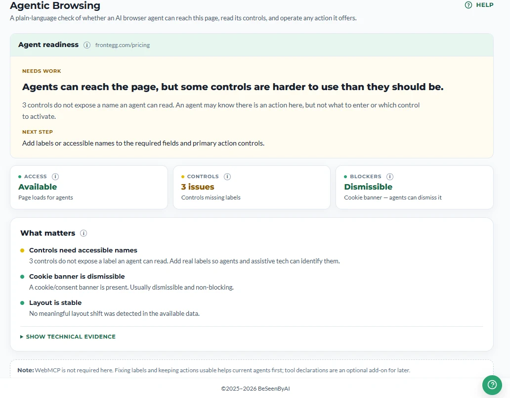 The Agentic Browsing tab showing a “Needs work” verdict — Access available, three control issues, a dismissible cookie banner, and a plain-language “what matters” list