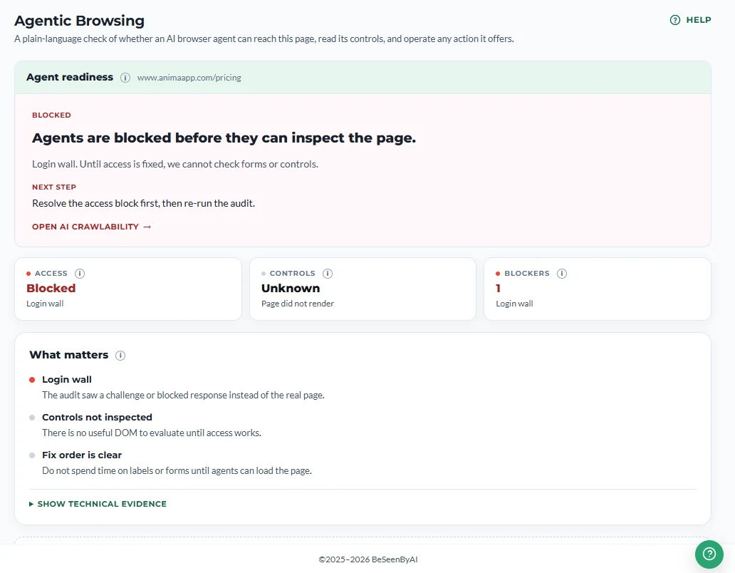 A “Blocked” verdict — agents are stopped by a login wall before they can inspect the page, with a link to open AI Crawlability