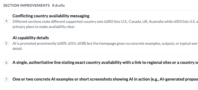 BeSeenByAI section improvements list showing existing sections flagged for conflicting messaging and missing detail
