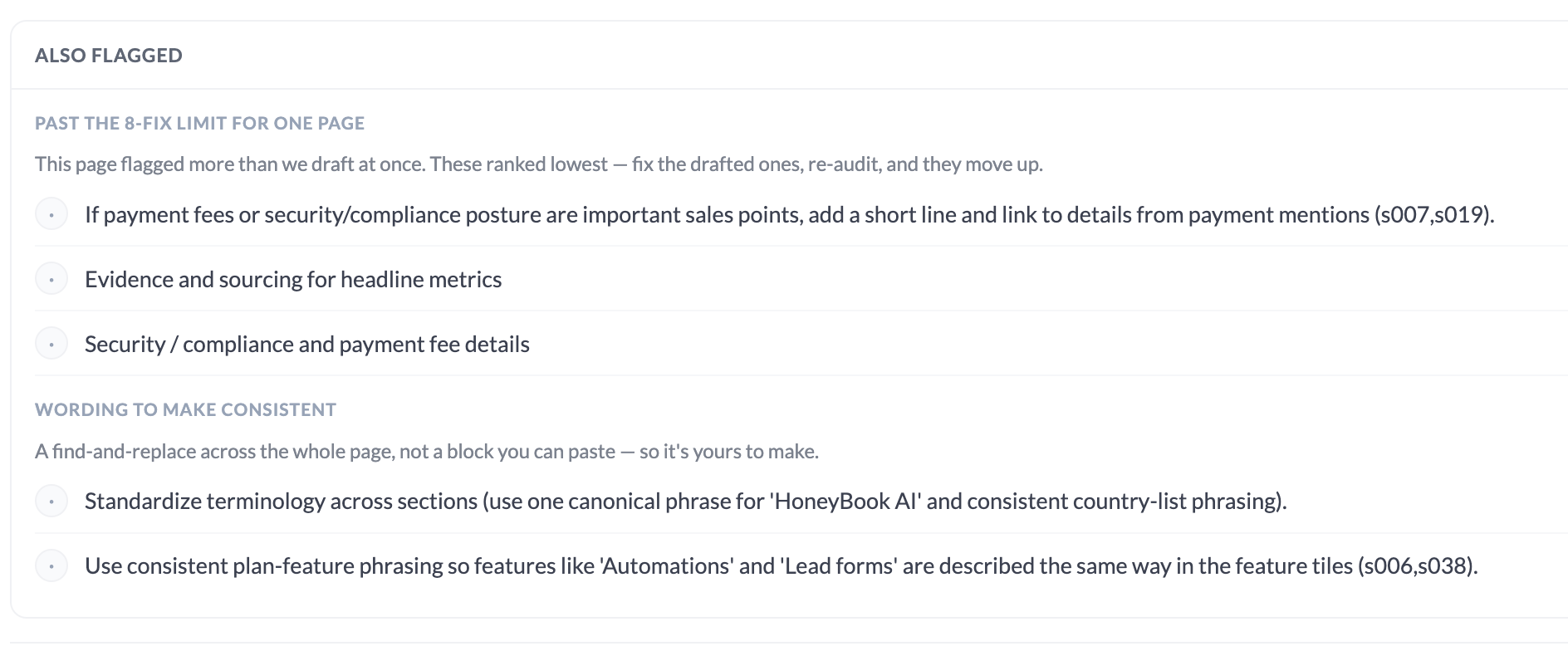 BeSeenByAI “Also flagged” list showing lower-priority items past the fix limit and wording to make consistent across the page