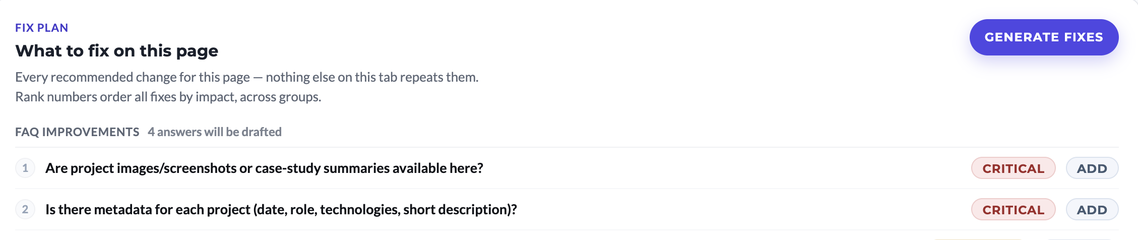 BeSeenByAI fix plan showing every recommended change for the page ranked by impact, with a Generate Fixes button
