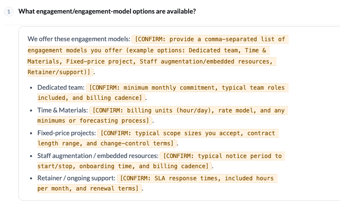 A BeSeenByAI drafted fix with several [CONFIRM] placeholders marking facts the page didn&rsquo;t supply, such as engagement models and billing terms