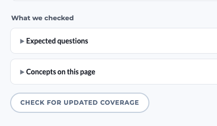 BeSeenByAI panel showing the expected questions and concepts checked, with a Check for updated coverage button