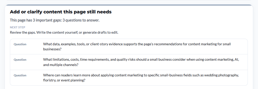 The questions panel of a Content Coverage report, listing three questions the page leaves unanswered